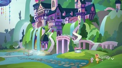 Size: 1920x1080 | Tagged: safe, screencap, smolder, spike, dragon, father knows beast, g4, architecture, discovery family logo, dragoness, duo, female, male, school of friendship, stairs, stepping stones, waterfall