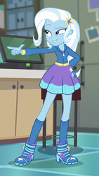 Size: 502x891 | Tagged: safe, screencap, trixie, equestria girls, equestria girls series, forgotten friendship, g4, boots, clothes, cropped, dress, female, pointing, shoes, skirt, solo
