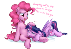 Size: 1280x894 | Tagged: dead source, safe, artist:luciferamon, pinkie pie, twilight sparkle, alicorn, earth pony, pony, g4, comforting, crying, dialogue, duo, female, floppy ears, mare, misleading thumbnail, not cum, open mouth, prone, runny nose, sad, simple background, sitting, snot, twilight sparkle (alicorn), white background