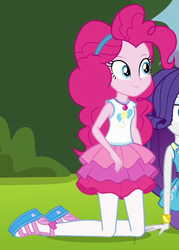 Size: 374x521 | Tagged: safe, screencap, pinkie pie, rarity, equestria girls, equestria girls specials, g4, my little pony equestria girls: better together, my little pony equestria girls: forgotten friendship, clothes, cropped, female, geode of sugar bombs, magical geodes, offscreen character, rah rah skirt, skirt, smiling