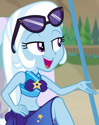 Size: 808x1018 | Tagged: safe, screencap, trixie, human, equestria girls, equestria girls specials, g4, my little pony equestria girls: better together, my little pony equestria girls: forgotten friendship, beach chair, belly button, bikini, bikini babe, chair, clothes, cropped, cute, diatrixes, eyebrows, female, midriff, open mouth, open smile, sarong, sitting, smiling, solo, sunglasses, swimsuit