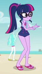 Size: 367x649 | Tagged: safe, screencap, paisley, sci-twi, twilight sparkle, equestria girls, equestria girls series, forgotten friendship, g4, background human, clothes, cropped, feet, female, flip-flops, geode of telekinesis, glasses, legs, magical geodes, ponytail, sandals, sci-twi swimsuit, sexy, smiling, swimsuit, thighs