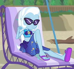 Size: 962x904 | Tagged: safe, screencap, trixie, equestria girls, equestria girls specials, g4, my little pony equestria girls: better together, my little pony equestria girls: forgotten friendship, beach chair, belly button, chair, clothes, cropped, feet, female, sarong, solo, sunglasses, swimsuit
