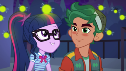 Size: 1280x720 | Tagged: safe, screencap, sci-twi, timber spruce, twilight sparkle, firefly (insect), equestria girls, equestria girls series, g4, star crossed, blushing, clothes, female, geode of telekinesis, glasses, magical geodes, male, ponytail, shipping, smiling, straight, timbertwi, vest