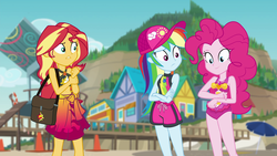 Size: 1920x1080 | Tagged: safe, screencap, pinkie pie, rainbow dash, sunset shimmer, equestria girls, equestria girls series, forgotten friendship, g4, belly button, clothes, crossed arms, female, geode of empathy, geode of sugar bombs, geode of super speed, magical geodes, pinch, pink swimsuit, pinkie pie swimsuit, sleeveless, swimsuit