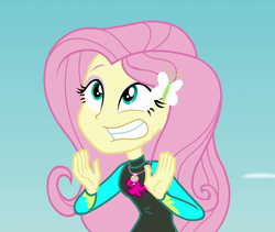 Size: 1119x945 | Tagged: safe, screencap, fluttershy, equestria girls, equestria girls specials, g4, my little pony equestria girls: better together, my little pony equestria girls: forgotten friendship, clothes, cropped, cute, faic, female, fluttershy's wetsuit, geode of fauna, grin, magical geodes, nervous, smiling, solo, swimsuit, wetsuit