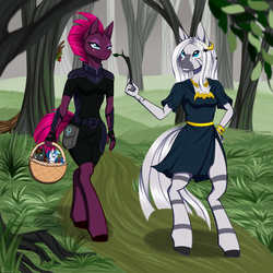 Size: 4000x4000 | Tagged: safe, artist:shkura2011, tempest shadow, zecora, oc, pony, zebra, anthro, unguligrade anthro, g4, absurd resolution, alternate hairstyle, anthro with ponies, basket, clothes, doll, dress, micro, tiny, tiny ponies, toy, tree, twig