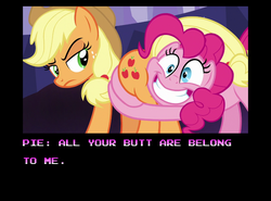 Size: 902x668 | Tagged: safe, artist:ace play, edit, edited screencap, screencap, applejack, pinkie pie, pony, g4, shadow play, all your base are belong to us, butt touch, butthug, engrish, faceful of ass, hug, meme, pinkie hugging applejack's butt