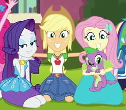 Size: 799x698 | Tagged: safe, screencap, applejack, fluttershy, pinkie pie, rainbow dash, rarity, spike, spike the regular dog, dog, equestria girls, equestria girls specials, g4, my little pony equestria girls: better together, my little pony equestria girls: forgotten friendship, belt, clothes, cowboy hat, cropped, cute, denim skirt, dress, female, freckles, geode of super strength, hat, lidded eyes, looking at you, magical geodes, male, offscreen character, paws, rarity peplum dress, skirt, smiling, stetson