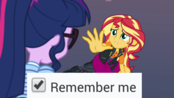 Size: 1967x1106 | Tagged: safe, edit, edited screencap, screencap, sci-twi, sunset shimmer, twilight sparkle, equestria girls, equestria girls specials, g4, my little pony equestria girls: better together, my little pony equestria girls: forgotten friendship, check mark, geode of empathy, magical geodes, meme, meta, remember me