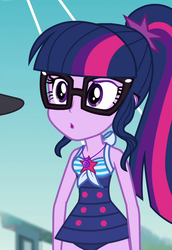 Size: 647x942 | Tagged: safe, screencap, sci-twi, twilight sparkle, equestria girls, equestria girls specials, g4, my little pony equestria girls: better together, my little pony equestria girls: forgotten friendship, clothes, cropped, cute, female, geode of telekinesis, glasses, magical geodes, one-piece swimsuit, open mouth, ponytail, sci-twi swimsuit, solo, swimsuit, twiabetes