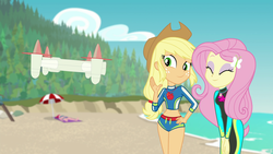 Size: 1920x1080 | Tagged: safe, screencap, applejack, fluttershy, equestria girls, equestria girls specials, g4, my little pony equestria girls: better together, my little pony equestria girls: forgotten friendship, applejack's hat, belly button, clothes, cowboy hat, cute, duo, eyes closed, female, geode of fauna, geode of super strength, hat, jackabetes, magical geodes, midriff, pose, selfie drone, sexy, shyabetes, smiling, swimsuit, wetsuit
