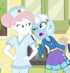 Size: 1040x1079 | Tagged: safe, screencap, nurse redheart, trixie, equestria girls, equestria girls specials, g4, my little pony equestria girls: better together, my little pony equestria girls: forgotten friendship, clothes, cropped, duo, female, hand on hip, hat, nurse, nurse hat, nurse outfit, scrubs (gear)