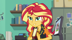 Size: 1920x1080 | Tagged: safe, screencap, sunset shimmer, equestria girls, equestria girls specials, g4, my little pony equestria girls: better together, my little pony equestria girls: forgotten friendship, book, clothes, female, geode of empathy, magical geodes, smiling, smirk, solo