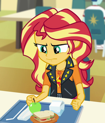 Size: 795x930 | Tagged: safe, screencap, sunset shimmer, equestria girls, equestria girls specials, g4, my little pony equestria girls: better together, my little pony equestria girls: forgotten friendship, angry, apple, cropped, female, food, milk, sandwich, solo, straw