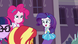 Size: 1920x1080 | Tagged: safe, screencap, pinkie pie, rarity, sci-twi, sunset shimmer, twilight sparkle, equestria girls, equestria girls specials, g4, my little pony equestria girls: better together, my little pony equestria girls: forgotten friendship, cute, excited, geode of sugar bombs, geode of telekinesis, magical geodes, raribetes, rarity peplum dress, smiling