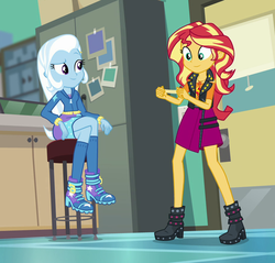 Size: 924x884 | Tagged: safe, screencap, sunset shimmer, trixie, equestria girls, equestria girls specials, g4, my little pony equestria girls: better together, my little pony equestria girls: forgotten friendship, boots, clothes, cute, diatrixes, female, geode of empathy, hoodie, kneesocks, legs, magical geodes, shoes, socks