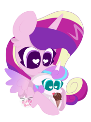 Size: 2961x3935 | Tagged: safe, artist:kittyrosie, princess cadance, princess flurry heart, alicorn, pony, g4, baby, baby pony, cute, cutedance, duo, female, filly, flurrybetes, food, heart eyes, high res, ice cream, ice cream cone, mare, mother and daughter, simple background, transparent background, wingding eyes