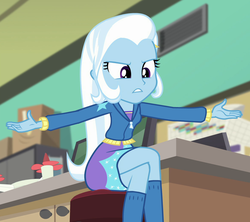 Size: 1174x1043 | Tagged: safe, screencap, trixie, equestria girls, equestria girls specials, g4, my little pony equestria girls: better together, my little pony equestria girls: forgotten friendship, arms wide open, canterlot high, clothes, crossed legs, female, hoodie, kneesocks, legs, selfie drone, socks, solo