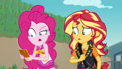 Size: 1920x1080 | Tagged: safe, screencap, pinkie pie, sunset shimmer, equestria girls, equestria girls specials, g4, my little pony equestria girls: better together, my little pony equestria girls: forgotten friendship, cellphone, clothes, faic, phone, pinkie pie swimsuit, smartphone, swimsuit