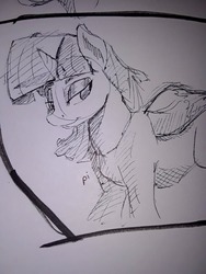 Size: 773x1030 | Tagged: safe, artist:post-it, twilight sparkle, alicorn, pony, g4, female, ink drawing, lidded eyes, mare, monochrome, simple background, sketch, smiling, solo, traditional art, twilight sparkle (alicorn), white background