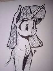 Size: 773x1030 | Tagged: safe, artist:post-it, twilight sparkle, alicorn, pony, g4, female, ink drawing, mare, monochrome, simple background, sitting, sketch, smiling, solo, traditional art, twilight sparkle (alicorn), white background