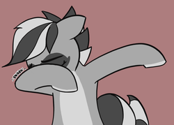 Size: 1012x725 | Tagged: safe, artist:pabbley, oc, oc only, oc:bandy cyoot, pony, raccoon pony, dab, eyes closed, female, simple background, solo