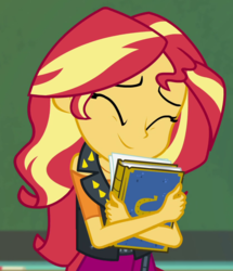 Size: 840x976 | Tagged: safe, screencap, sunset shimmer, equestria girls, equestria girls series, forgotten friendship, g4, book, cropped, cute, eyes closed, female, shimmerbetes, solo