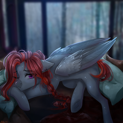 Size: 1000x1000 | Tagged: safe, artist:alicesmitt31, oc, oc only, pegasus, pony, blurry background, eye clipping through hair, female, folded wings, lying down, mare, one eye closed, pillow, prone, purple eyes, red hair, red mane, red tail, sad, solo, wings