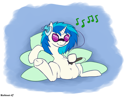 Size: 2122x1668 | Tagged: safe, artist:rubiont, dj pon-3, vinyl scratch, pony, unicorn, g4, belly, belly button, fat, gurgling, listening, pillow, plump, pudgy, relaxing, song, stomach noise, sunglasses, underhoof, vinyl fat, weight gain
