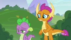 Size: 1920x1080 | Tagged: safe, screencap, smolder, spike, dragon, father knows beast, g4, discovery family logo, downcast, dragoness, duo, female, male, twig, winged spike, wings