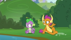 Size: 1920x1080 | Tagged: safe, screencap, smolder, spike, dragon, father knows beast, g4, baby, baby dragon, claws, concerned, confused, discovery family logo, dragoness, duo, female, male, raised eyebrow, raised hand, sitting, twig, underfoot, winged spike, wings