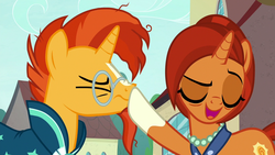 Size: 1280x720 | Tagged: safe, screencap, stellar flare, sunburst, pony, unicorn, g4, the parent map, boop, coat markings, female, male, mare, mother and son, scrunchy face, socks (coat markings), stallion