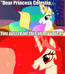 Size: 513x589 | Tagged: safe, edit, edited screencap, screencap, princess celestia, g4, comic, image macro, impact font, implied twilight sparkle, letter, meme, red tint, screencap comic, text, this will end in tears and/or a journey to the moon, triggered, trollight sparkle