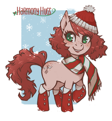 Size: 3026x3272 | Tagged: safe, artist:taytinabelle, oc, oc only, oc:harmony hugs, earth pony, pony, blushing, boots, christmas, clothes, cute, female, freckles, green eyes, hat, heart eyes, high res, holiday, looking at you, mare, raised hoof, scarf, secret santa, shoes, snow, solo, wingding eyes