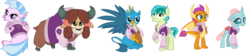 Size: 25184x5664 | Tagged: safe, artist:cloudy glow, gallus, ocellus, sandbar, silverstream, smolder, yona, changedling, changeling, classical hippogriff, dragon, earth pony, griffon, hippogriff, pony, yak, g4, season 8, absurd resolution, bow, clothes, cloven hooves, dragoness, female, football, hair bow, jacket, male, monkey swings, raised hoof, simple background, sports, student six, teenager, varsity jacket, white background