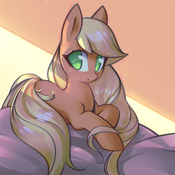 Size: 1402x1402 | Tagged: safe, artist:mirroredsea, applejack, earth pony, pony, g4, cute, female, freckles, jackabetes, long mane, looking back, lying on bed, mare, missing accessory, solo