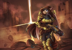 Size: 1700x1200 | Tagged: safe, artist:klaffycloudy, oc, oc only, pegasus, anthro, armor, female, gun, hmd, solo, weapon
