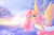 Size: 1800x1200 | Tagged: safe, artist:melloncollie-chan, fluttershy, pegasus, anthro, g4, clothes, dress, female, horizon, looking at you, mare, ocean, pointing, reaching, sky, smiling, solo, spread wings, summer dress, sun, sundress, three quarter view, white dress, wings