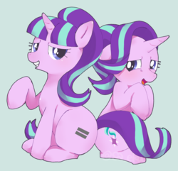 Size: 860x830 | Tagged: safe, artist:sa-eku, starlight glimmer, pony, unicorn, g4, blue background, cute, duality, equal cutie mark, female, looking at you, mare, open mouth, s5 starlight, self ponidox, simple background, smiling, solo, time paradox