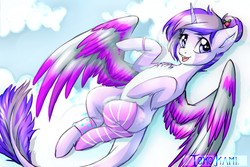 Size: 1500x1000 | Tagged: safe, artist:tokokami, oc, oc only, alicorn, pony, alicorn oc, bracelet, chest fluff, clothes, cloud, colored wings, colored wingtips, female, jewelry, leg fluff, leg warmers, looking at you, mare, open mouth, sketch, sky, smiling, socks, solo, spread wings, striped socks, thigh highs, wings