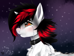 Size: 1600x1200 | Tagged: safe, artist:brainiac, oc, oc only, oc:blackjack, cyborg, pony, unicorn, fallout equestria, fallout equestria: project horizons, bust, chest fluff, collar, crying, fanfic, fanfic art, female, fluffy, horn, mare, profile, sad, solo, stars, vent art