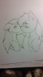 Size: 432x768 | Tagged: safe, artist:mootsarts, oc, oc only, oc:artyste, oc:mistic spirit, pegasus, pony, black and white, blushing, cute, female, grayscale, kissing, lesbian, monochrome, oc x oc, shipping, shocked, shocked expression, sketch, traditional art