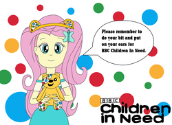 Size: 2337x1700 | Tagged: safe, artist:equestriaguy637, fluttershy, equestria girls, equestria girls series, g4, bbc, bbc children in need, bear ears, charity, children in need, clothes, dress, female, hairclip, headband, holding, irl, looking at you, photo, plushie, polka dots, pudsey bear, skirt, smiling, speech bubble, talking, talking to viewer, text