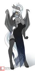Size: 577x1154 | Tagged: safe, artist:arctic-fox, oc, oc only, oc:star light(bat), bat pony, anthro, unguligrade anthro, anthro oc, bat pony oc, bat wings, breasts, clothes, dress, ear fluff, evening gloves, female, gloves, lidded eyes, long gloves, sexy, simple background, smiling, solo, stockings, thigh highs, white background, wings