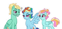 Size: 1600x761 | Tagged: safe, artist:cascayd, rainbow dash, zephyr breeze, oc, oc:crosswind, g4, alternate hairstyle, cute, female, male, offspring, one eye closed, parent:rainbow dash, parent:zephyr breeze, parents:zephdash, rainbow dash always dresses in style, rainbow dash is not amused, ship:zephdash, shipping, simple background, smiling, straight, trio, unamused, white background, wink