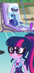 Size: 960x2040 | Tagged: safe, artist:themexicanpunisher, sci-twi, trixie, twilight sparkle, equestria girls, equestria girls series, forgotten friendship, g4, beach chair, chair, clothes, female, geode of telekinesis, lesbian, magical geodes, reaction, ship:sci-twixie, ship:twixie, shipping, shipping domino, swimsuit