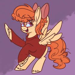 Size: 2000x2000 | Tagged: safe, artist:binkyt11, oc, oc only, oc:sally peppa, pegasus, pony, bow, clothes, cloven hooves, female, freckles, hair bow, happy, high res, mare, solo, sweater, unshorn fetlocks