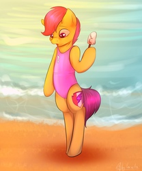 Size: 1800x2160 | Tagged: safe, artist:cornelia_nelson, scootaloo, pegasus, semi-anthro, g4, arm hooves, beach, bipedal, clothes, cutie mark, food, hind legs, ice cream, legs together, one-piece swimsuit, pink swimsuit, standing on two hooves, swimsuit, the cmc's cutie marks