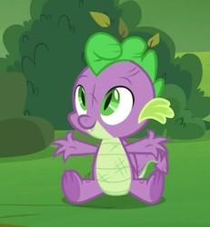 Size: 517x559 | Tagged: safe, screencap, spike, dragon, father knows beast, g4, baby, baby dragon, bruised, bush, cropped, cute, fangs, feet, folded wings, grass, green eyes, leaves, male, sitting, smiling, spikabetes, winged spike, wings